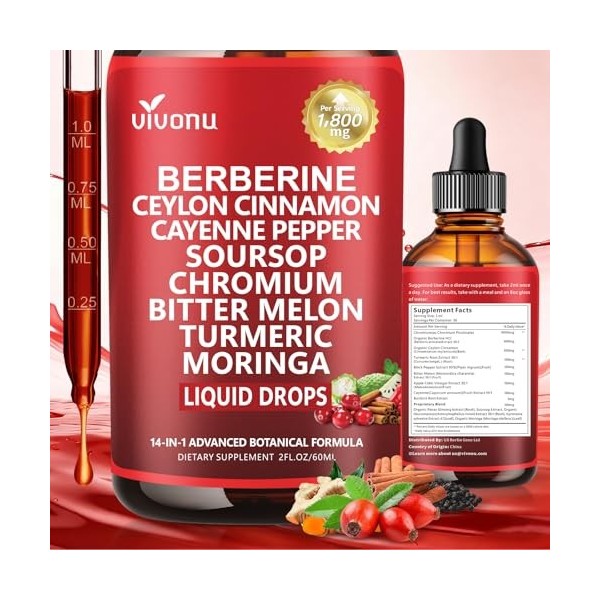 VivoNu Gouttes de berbérine - 1800 mg - 60 ml - Avec chrome et cannelle de Ceylan - 100 % naturel - Haute biodisponibilité -