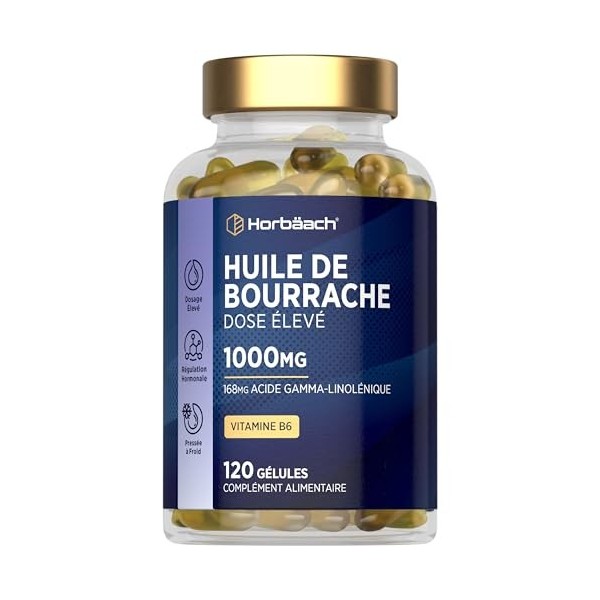 Huile de Bourrache 1000mg | 120 Capsules Pour 4 Mois | Bourrache Gelules Avec Vitamine B6 | 168mg Acide Gamma-Linolénique GLA