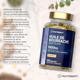Huile de Bourrache 1000mg | 120 Capsules Pour 4 Mois | Bourrache Gelules Avec Vitamine B6 | 168mg Acide Gamma-Linolénique GLA