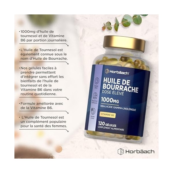 Huile de Bourrache 1000mg | 120 Capsules Pour 4 Mois | Bourrache Gelules Avec Vitamine B6 | 168mg Acide Gamma-Linolénique GLA