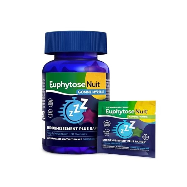 Gummies Sommeil, 1 mg de Mélatonine, Complément Alimentaire, Vitamine B6, Endormissement Plus Rapide - 30 Gommes Myrtille + 2...