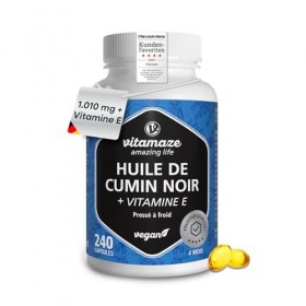 Gélules dHuile de Nigelle Pressée à Froid 1.010 mg Nigella sativa avec Vitamine E, 240 Gélules Véganes pour 4 Mois, Complé