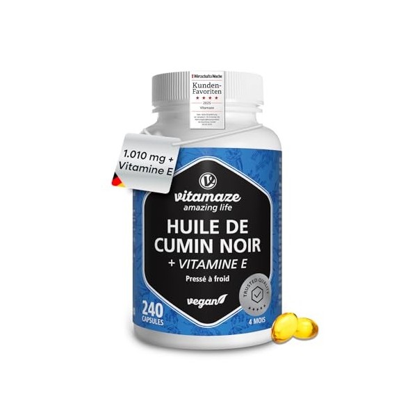 Gélules dHuile de Nigelle Pressée à Froid 1.010 mg Nigella sativa avec Vitamine E, 240 Gélules Véganes pour 4 Mois, Complé