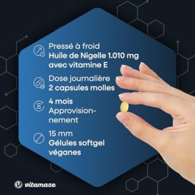 Gélules dHuile de Nigelle Pressée à Froid 1.010 mg Nigella sativa avec Vitamine E, 240 Gélules Véganes pour 4 Mois, Complé