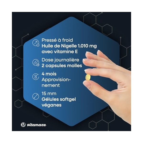 Gélules dHuile de Nigelle Pressée à Froid 1.010 mg Nigella sativa avec Vitamine E, 240 Gélules Véganes pour 4 Mois, Complé