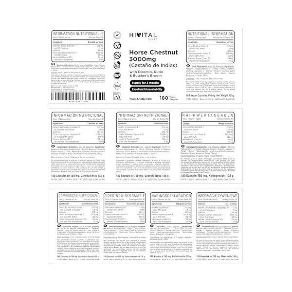 Marron dInde 3000 mg. 180 gélules végétaliennes pour 3 mois de traitement. Extrait Naturel de 20% dAescine avec Diosmine, R