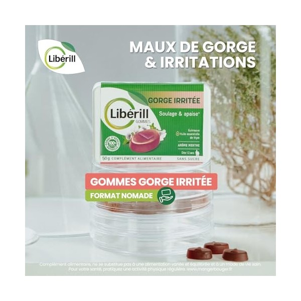 LIBERILL - Gommes Gorge Irritée - Soulage & Apaise - Racine de guimauve + Huile Essentielle de Thym - Gomme dAcacia 100% Nat ...