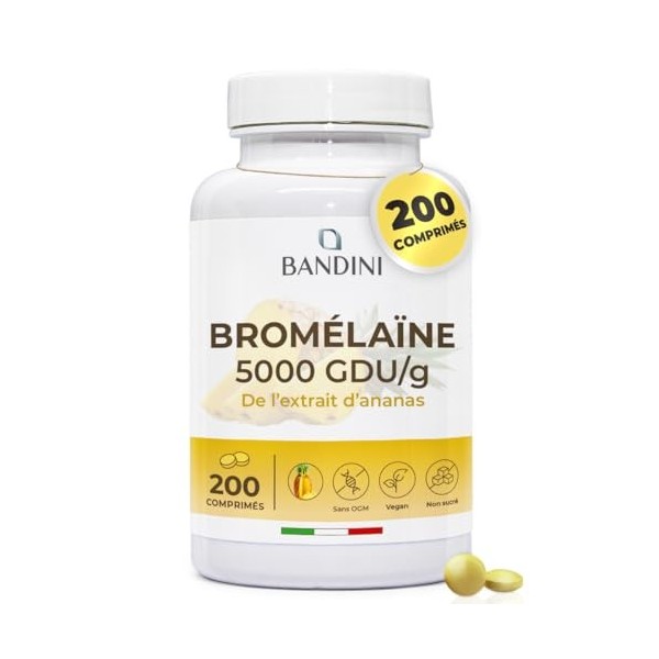 Bandini® Bromélaïne Forte 5000 GDU/g 200 Comprimés Gastro-résistants - Enzyme digestif - Extrait dananas - Broméline Strong,