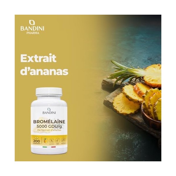 Bandini® Bromélaïne Forte 5000 GDU/g 200 Comprimés Gastro-résistants - Enzyme digestif - Extrait dananas - Broméline Strong,
