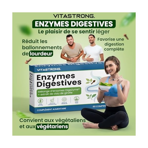 Enzymes Digestives Vitastrong avec Clous de Girofle, Mélange Complet Breveté DigeZyme, Maltodextrine, Alpha-Amylase, Protéase