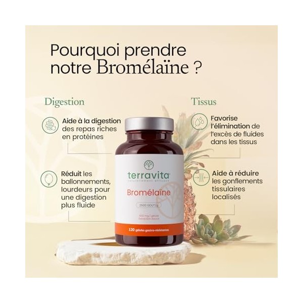 Bromélaïne Pure | 120 Gélules de 500 mg | 5000 GDU par Dose | Digestion des Protéines + Récupération Tissulaire | Enzyme Natu