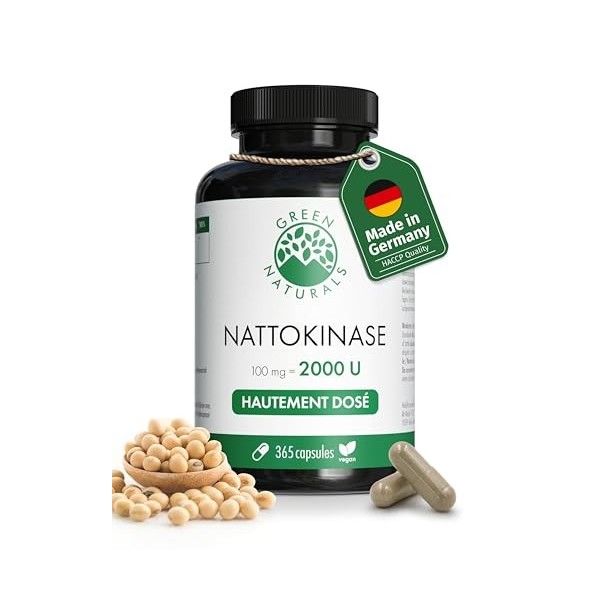 Green Naturals® Nattokinase 20 000 FU/g – 365 gélules – Hautement dosé 100 mg avec 2 000 FU par gélule – Qualité supérieure