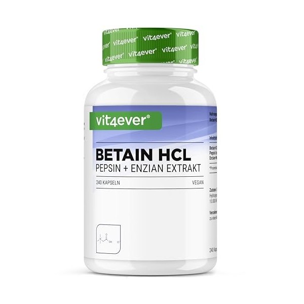 Betaine HCL - 240 gélules avec 695 mg - Avec pepsine & gentiane amère - Enzymes digestives à spectre complet - Haute dose