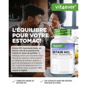 Betaine HCL - 240 gélules avec 695 mg - Avec pepsine & gentiane amère - Enzymes digestives à spectre complet - Haute dose