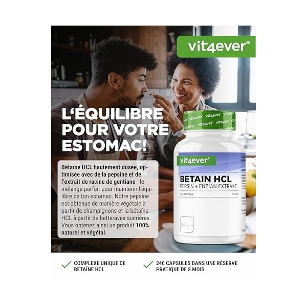 Betaine HCL - 240 gélules avec 695 mg - Avec pepsine & gentiane amère - Enzymes digestives à spectre complet - Haute dose