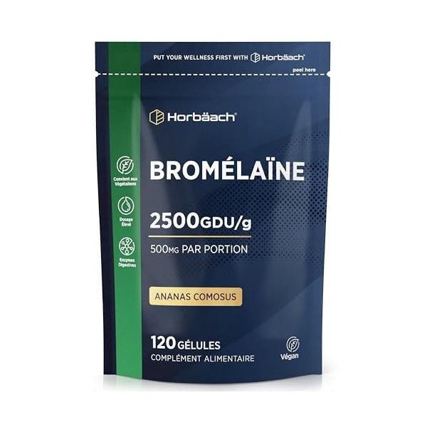 Bromélaïne Forte 500mg 5000 F.I.P | 2500 GDU/g | 120 Gélules Vegan | Digestive Enzyme Supplément Haute Dosé | Extrait Natur
