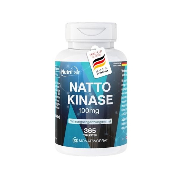 Nattokinase 100 mg 20.000 FU/g - 365 comprimés - Enzyme natto - Hautement dosé - 100% végétalien – Fabrication et contrôle 