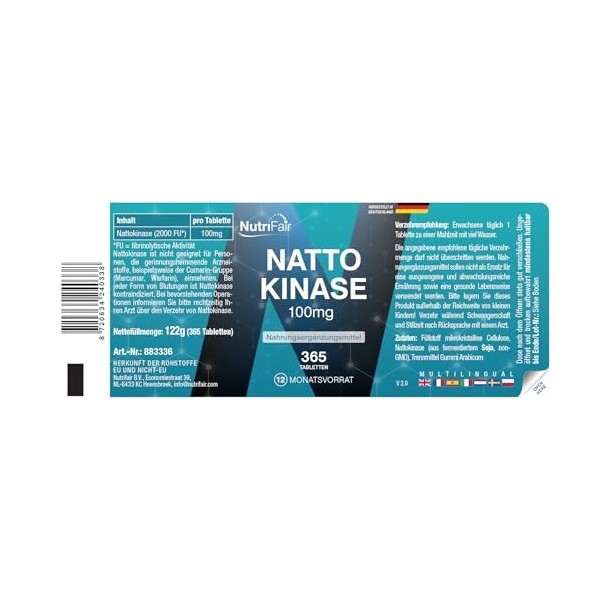 Nattokinase 100 mg 20.000 FU/g - 365 comprimés - Enzyme natto - Hautement dosé - 100% végétalien – Fabrication et contrôle 