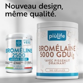 Bromelaine Draineur 5000 GDU/g 180 Gélules PiùLife, 1200 mg de Bromélaïne, Extrait de Pissenlit Drainant Naturel 3 Par Dose ...