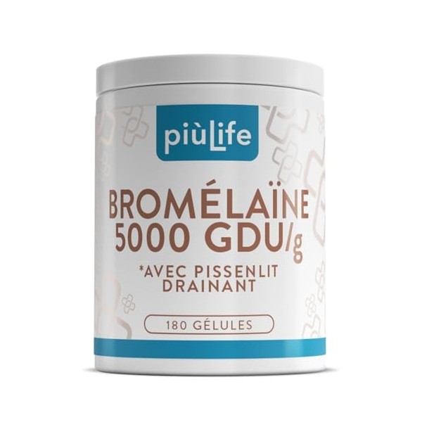 Bromelaine Draineur 5000 GDU/g 180 Gélules PiùLife, 1200 mg de Bromélaïne, Extrait de Pissenlit Drainant Naturel 3 Par Dose ...