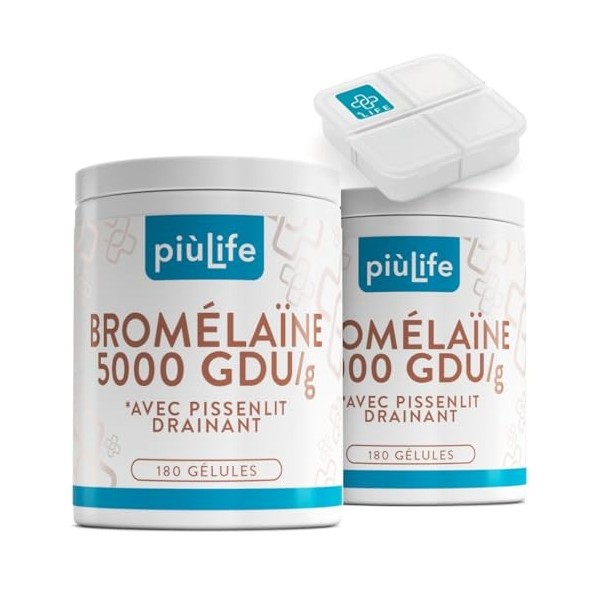 Bromelaine Draineur 5000 GDU/g 180 Gélules PiùLife, 1200 mg de Bromélaïne, Extrait de Pissenlit Drainant Naturel 3 Par Dose ...