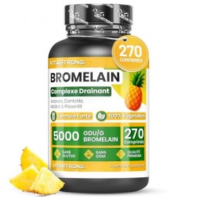 Bromélaïne Drainante Forte, Vitastrong Complément de Bromélaïne 5000 GDU, Végan, Qualité Supérieure, 270 Comprimés, Formule C