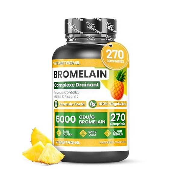 Bromélaïne Drainante Forte, Vitastrong Complément de Bromélaïne 5000 GDU, Végan, Qualité Supérieure, 270 Comprimés, Formule C