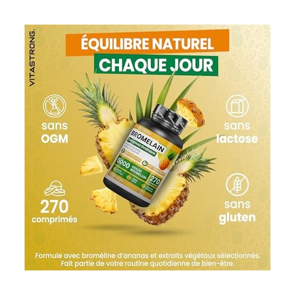 Bromélaïne Drainante Forte, Vitastrong Complément de Bromélaïne 5000 GDU, Végan, Qualité Supérieure, 270 Comprimés, Formule C