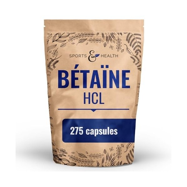 Gélules de bétaïne HCl – 275 gélules – 1400 mg par dose journalière – Bétaïne hydrochloride en poudre sous forme de gélules –
