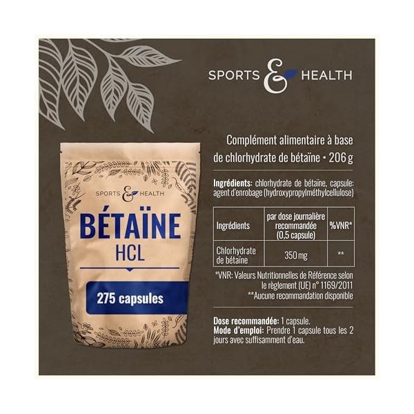 Gélules de bétaïne HCl – 275 gélules – 1400 mg par dose journalière – Bétaïne hydrochloride en poudre sous forme de gélules –