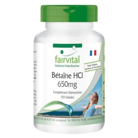 Fairvital | Bétaïne HCl 650mg - 120 gélules - Gélules dhydrochlorure de bétaïne - avec pepsine - HAUTEMENT DOSÉ - VÉGÉTALIEN