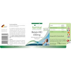 Fairvital | Bétaïne HCl 650mg - 120 gélules - Gélules dhydrochlorure de bétaïne - avec pepsine - HAUTEMENT DOSÉ - VÉGÉTALIEN