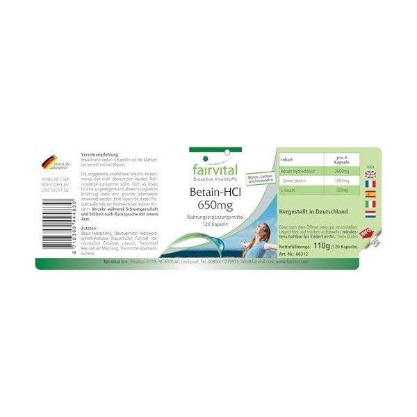 Fairvital | Bétaïne HCl 650mg - 120 gélules - Gélules dhydrochlorure de bétaïne - avec pepsine - HAUTEMENT DOSÉ - VÉGÉTALIEN