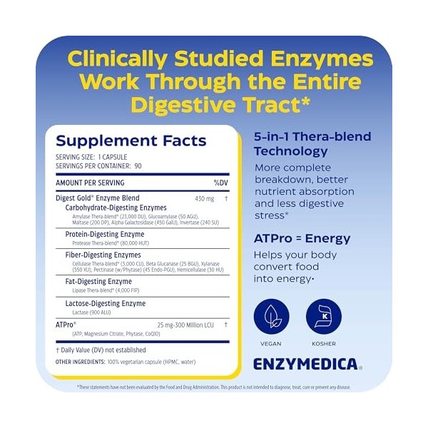 Enzymedica, Digest Gold, Formule Enzymatique À Action Rapide, Réduit Gaz Et Ballonnements, Améliore LAbsorption Des Nutrimen
