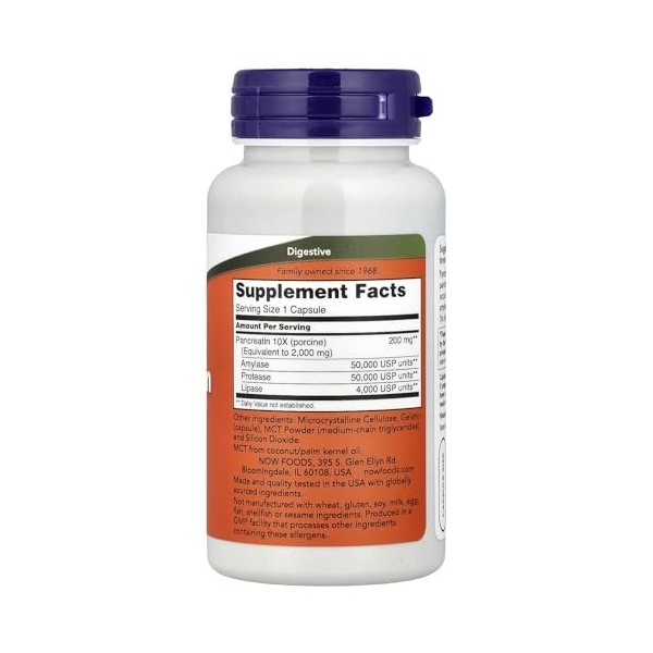 Now 200 mg Pancréatine 10X pour Support Digestif 100 Gélules