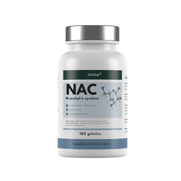 EXVital® NAC Capsules, 600 mg par capsule – 180 capsules végétaliennes contenant de la N-acétylcystéine – N-acétyl-L-cystéine