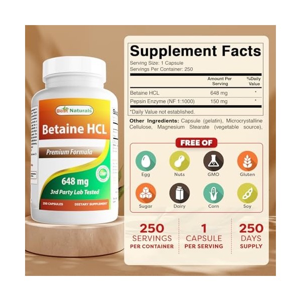 Best Naturals Betaine HCL 648 mg 250 Capsules