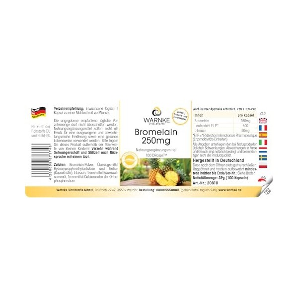 Bromélaine 250mg - 100 DrCaps - Enzyme dananas | Warnke Vitalstoffe - Qualité des pharmacies allemandes