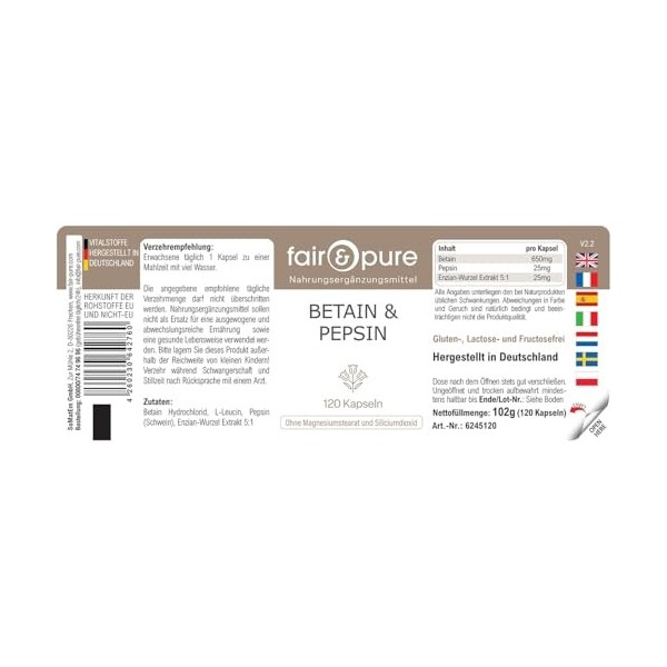 Fair & Pure Bétaïne & Pepsine Capsules avec racine de gentiane, 120 pièces, capsules enzymatiques à spectre complet, compléme