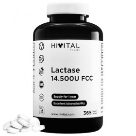 Lactase 14500 unités FCC. 365 comprimés végétaliens pour 1 an de traitement. Enzyme Lactase pour lintolérance au Lactose, au