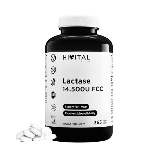 Lactase 14500 unités FCC. 365 comprimés végétaliens pour 1 an de traitement. Enzyme Lactase pour lintolérance au Lactose, au