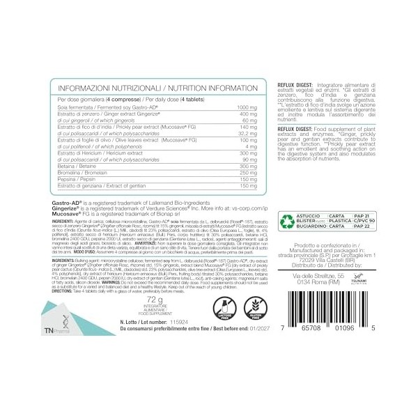 TN Pharma Reflux Digest, 60 comprimés, complément digestif avec soja fermenté, gingembre, figue dInde, olive, hericium, sans