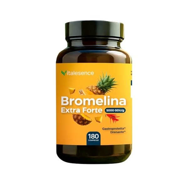 Bromélaïne Extra Forte 5000 GDU/g – 180 comprimés- 3 mois dapprovisionnement | Gastroprotégé & Drainant | De la tige danana