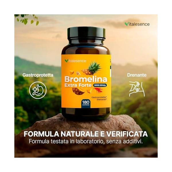 Bromélaïne Extra Forte 5000 GDU/g – 180 comprimés- 3 mois dapprovisionnement | Gastroprotégé & Drainant | De la tige danana