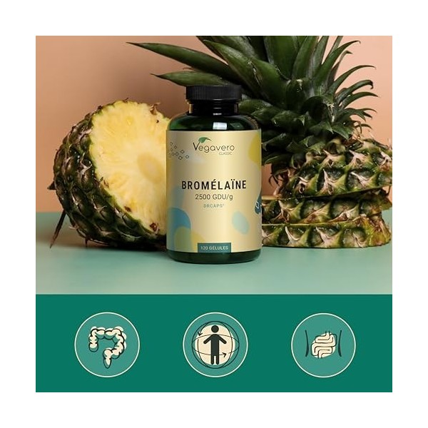Bromelaine Pure 1300 mg Vegavero® | 240 Gélules | Dosage Élevé : 2500 GDU/g | SANS ADDITIFS | Enzymes Digestives | Digestion ...