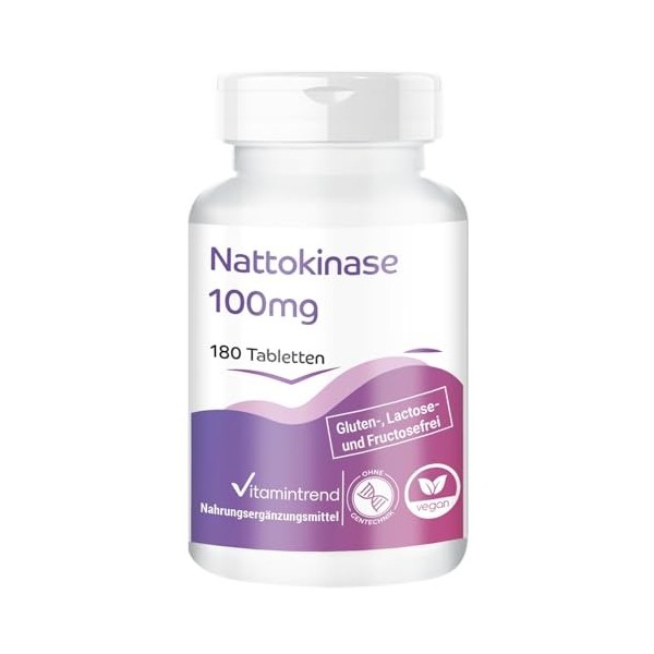 Vitamintrend Nattokinase 100mg, 180 comprimés de 100mg chacun 21.800 FU/g , hautement dosé, végétalien sans stéarate de magn