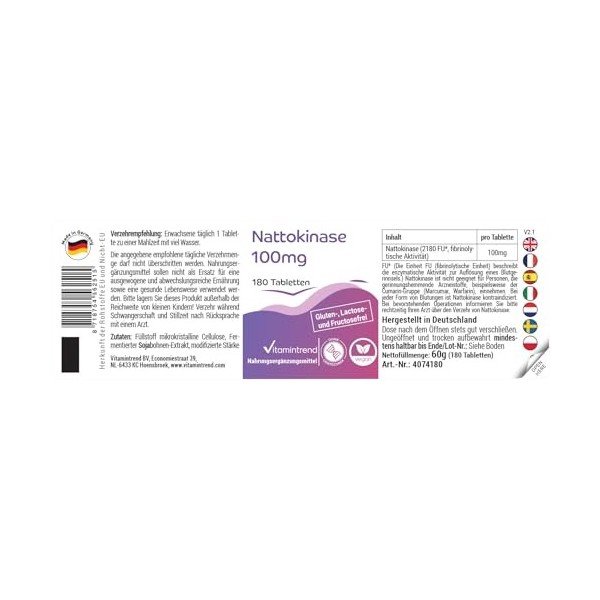 Vitamintrend Nattokinase 100mg, 180 comprimés de 100mg chacun 21.800 FU/g , hautement dosé, végétalien sans stéarate de magn