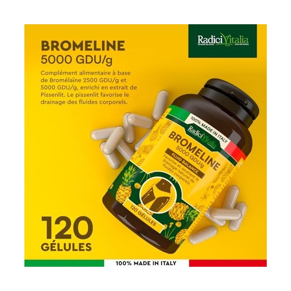 Bromelaine 120 Gelules Gastro-Résistantes 500mg Dosage Élevé 5000 GDU/g pour Perte de Poids Digestion Rétention DEau à LAna