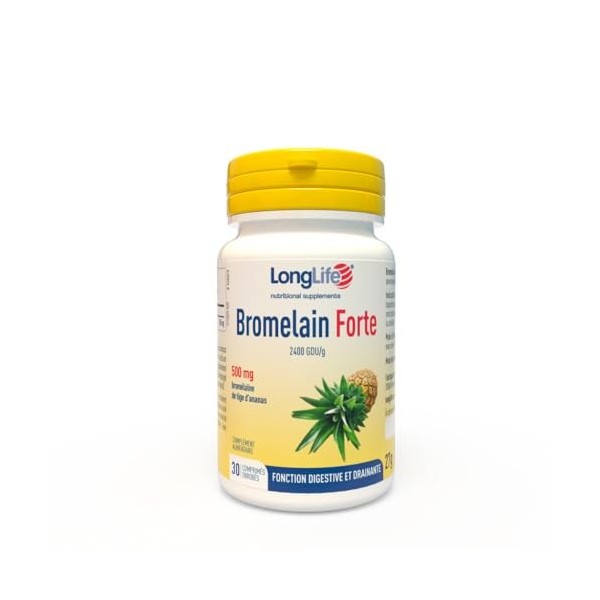 LongLife® Bromelain Forte | Haute concentration 2400 GDU/g | Bromélaïne issue de la tige d’ananas | Drainage jambes et digest
