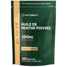 Huile de Menthe Poivrée Gélules 200mg | 365 Capsules | Facile À Avaler | Peppermint Oil Softgels | Horbaach
